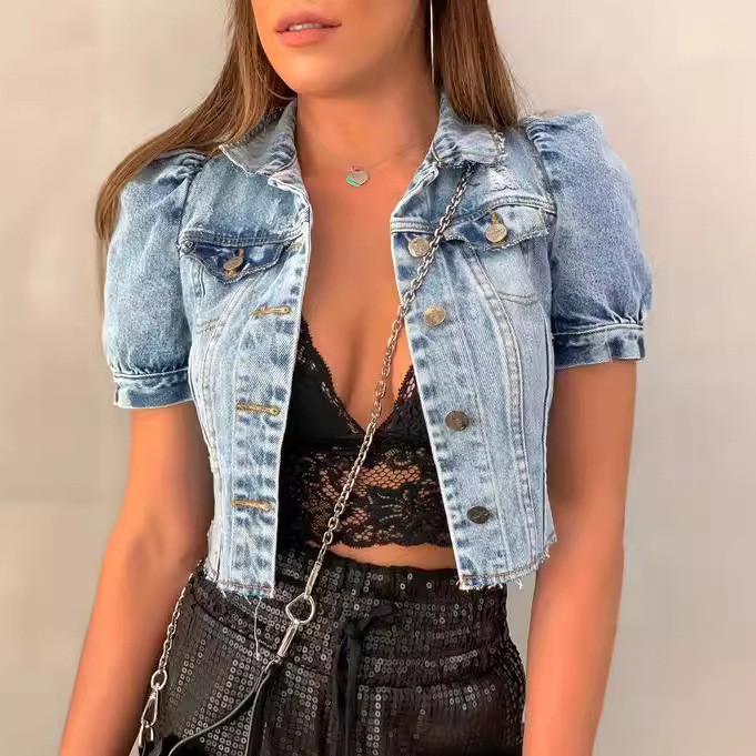 Distressed Jean Rip - Women Denim Jacket Crop Light Blue