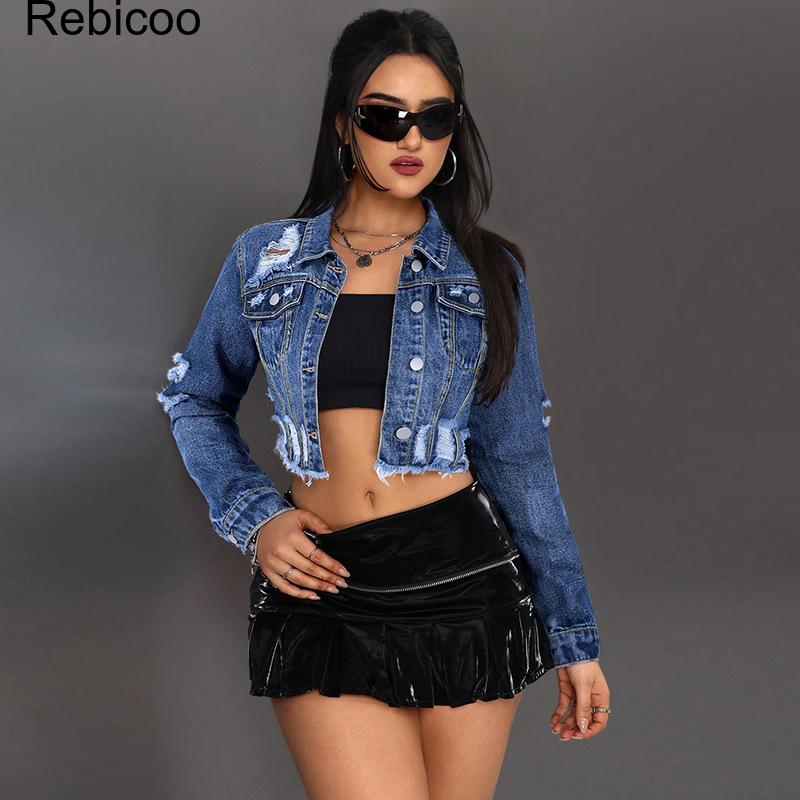Distressed Jean Rip - Women's Cropped Denim Jacket Long Sleeve