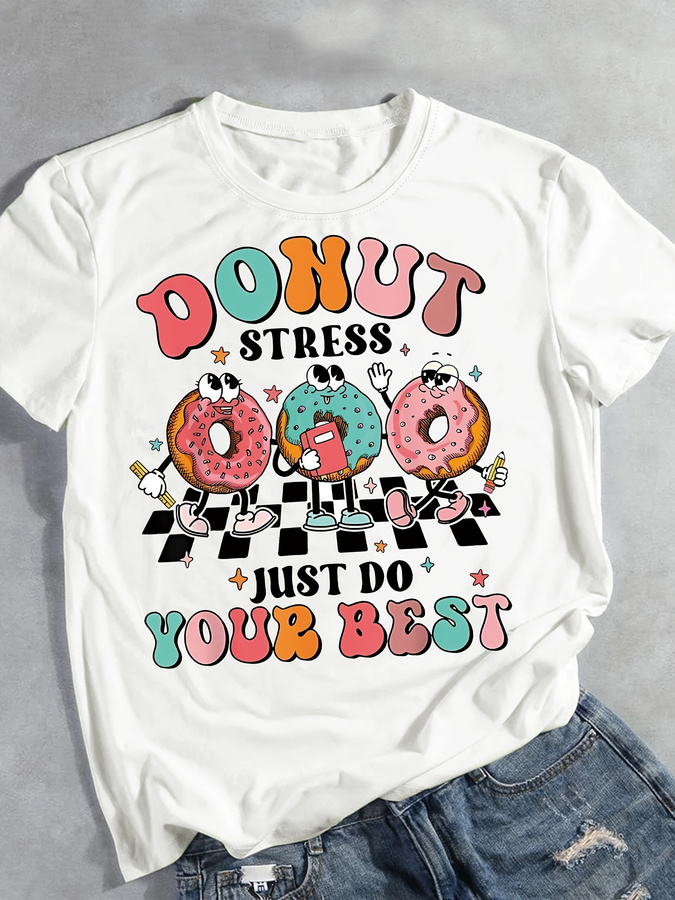 Cartoon Donut Print T-shirt, S - Street Fashion Trends 2025 ulasan dan harga