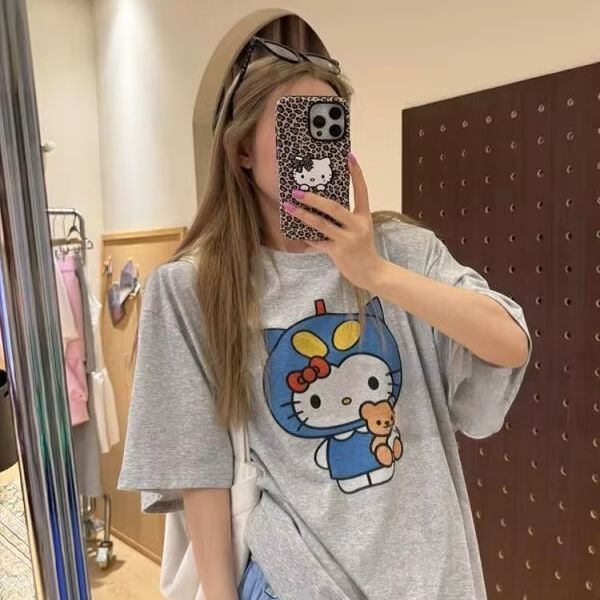 Short Sleeved Hello Kitty Prin - Street Fashion Casual ulasan dan harga