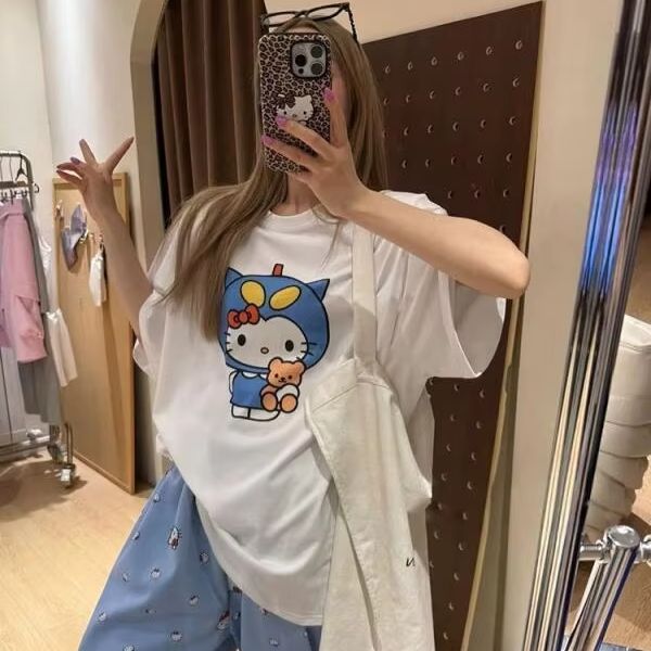 Short Sleeved Hello Kitty Prin - Street Fashion Casual ulasan dan harga