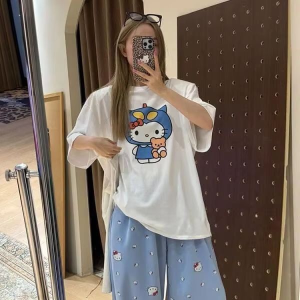 Short Sleeved Hello Kitty Prin - Street Fashion Casual ulasan dan harga