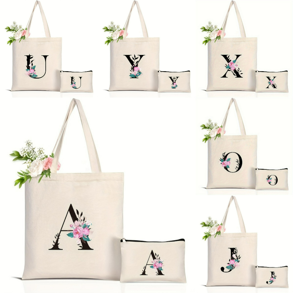 Elegant Floral Alphabet Tote B - Tote Bag Canvas Print ulasan dan harga