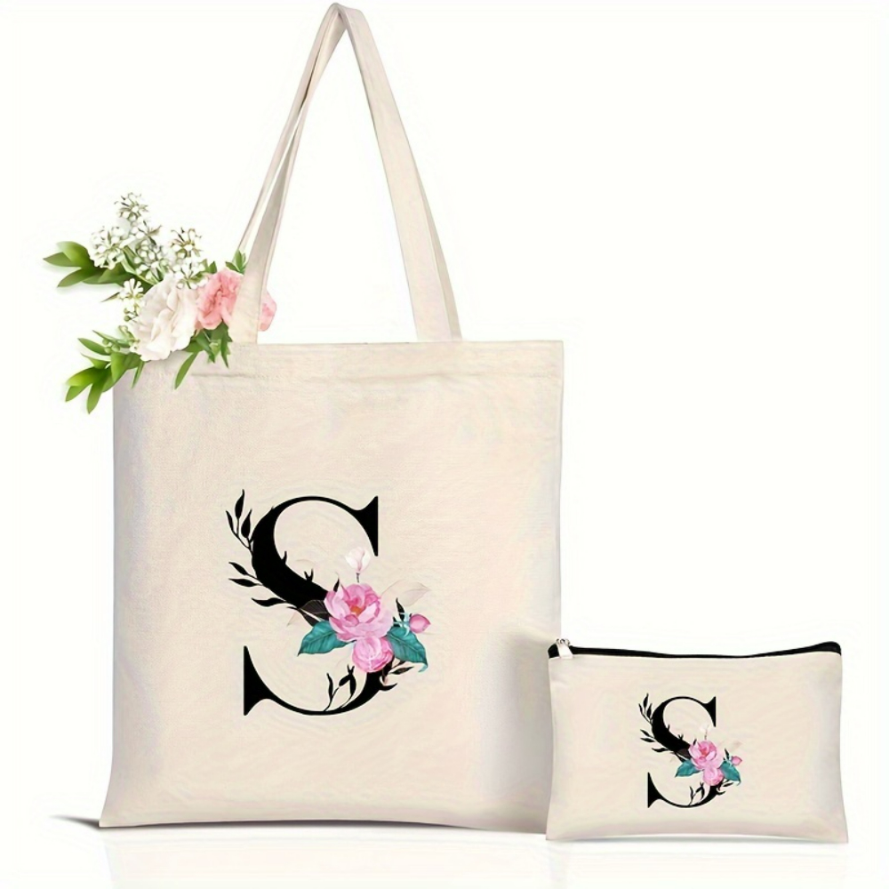 Elegant Floral Alphabet Tote B - Tote Bag Canvas Print ulasan dan harga