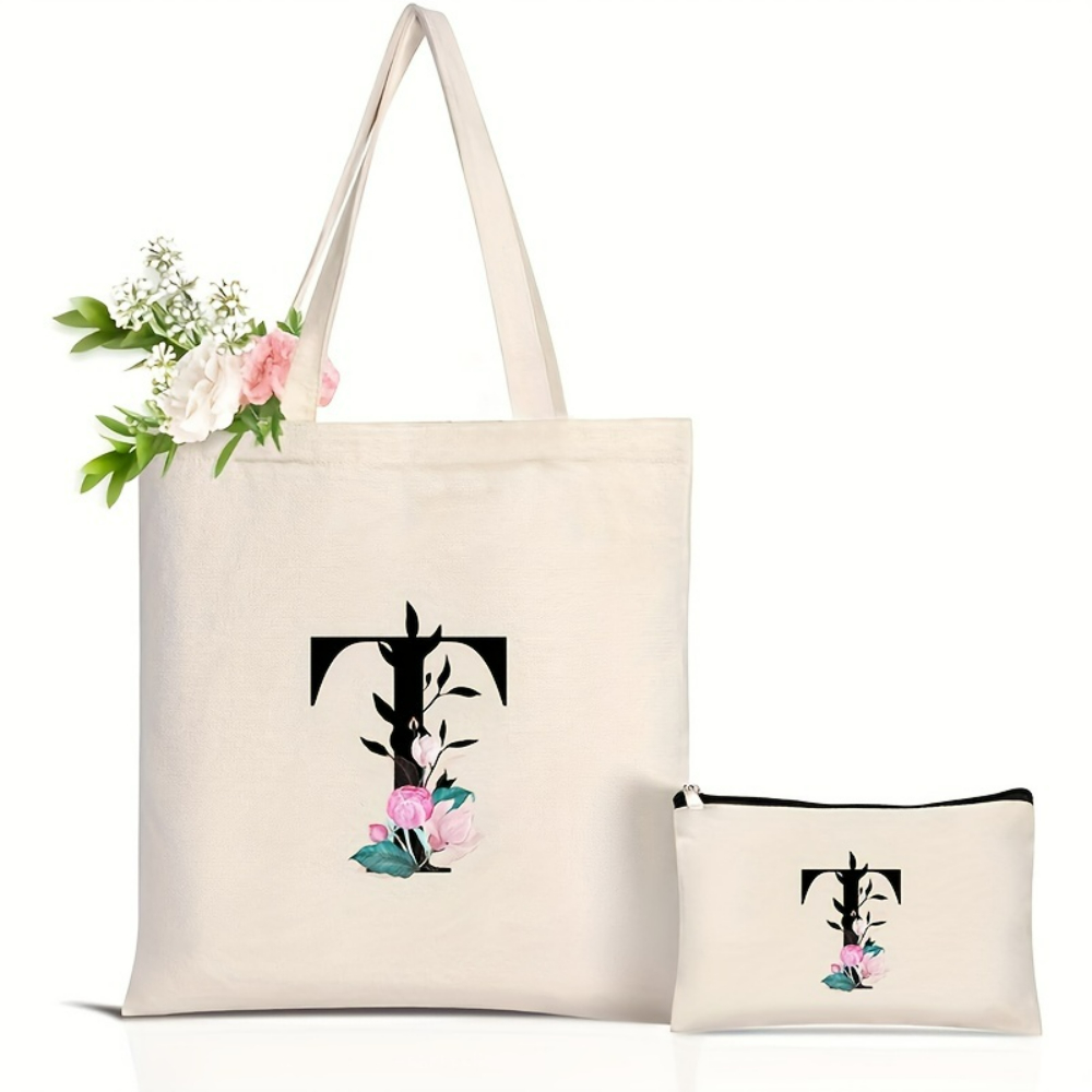 Elegant Floral Alphabet Tote B - Tote Bag Canvas Print ulasan dan harga