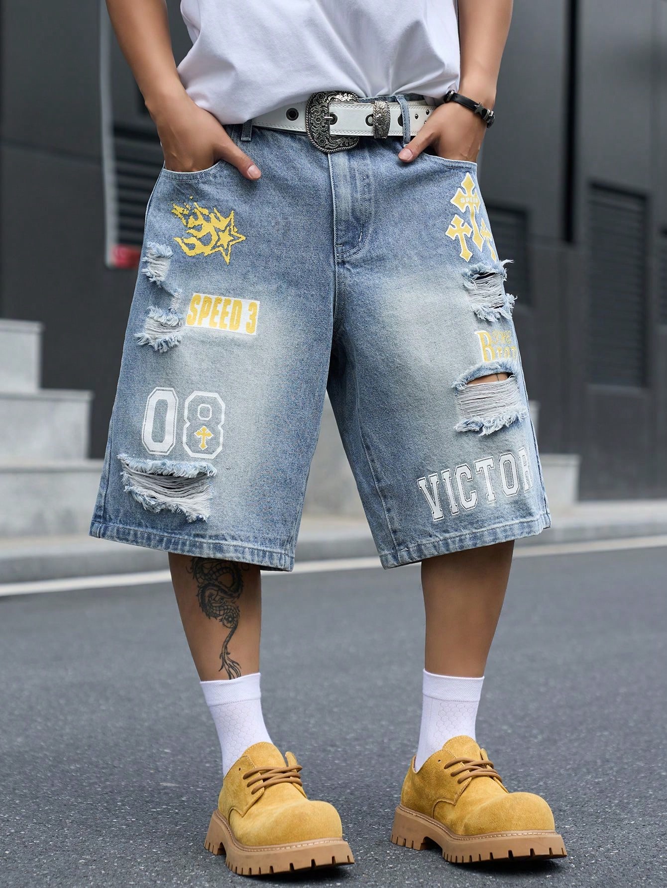 Men's Loose Fit Denim Bermuda  - Distressed Jean Rip ulasan dan harga